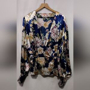 Peach Puff Floral Silky Blouse Womens 2XL Blue Pink Artsy Retro Boho 90s Y2K